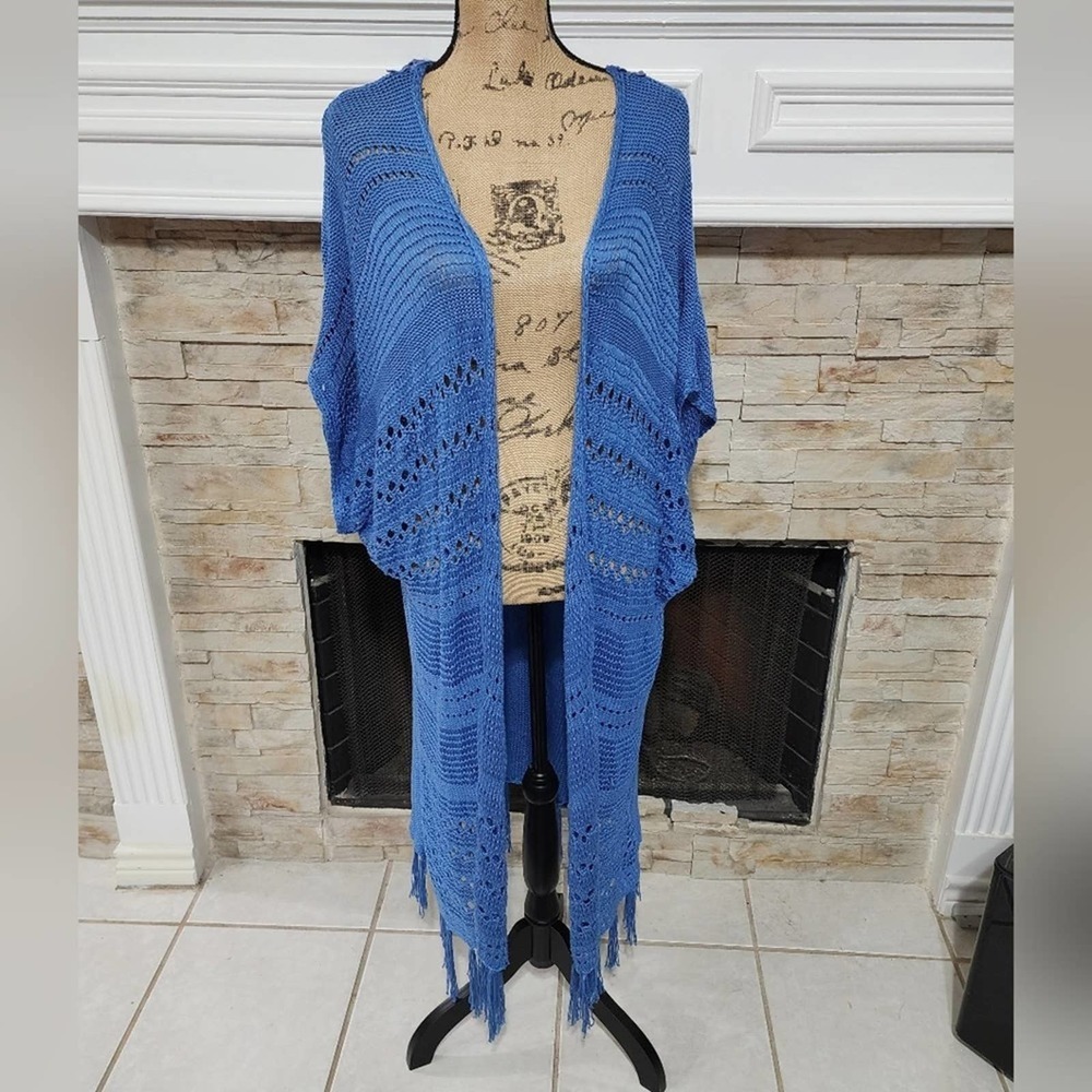 Love blue open weave crocheted lace trimmed Fringe cardigan sweater size 1X‎